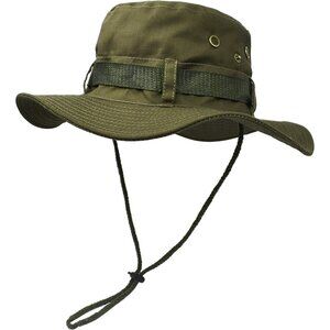 Unisex Green Wide Brim Boonie With Chin Strap Adjustable Classic Cowboy Hat
